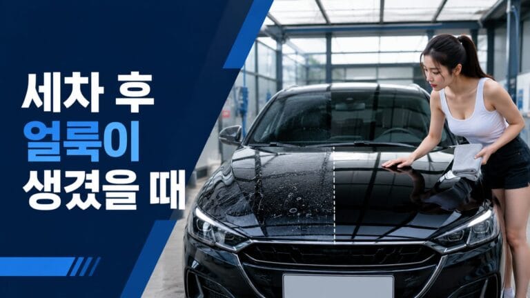 세차 후 얼룩이 자동차 도장면에 생긴 물때와 샴푸 잔사 및 버핑 얼룩을 확인하는 모습