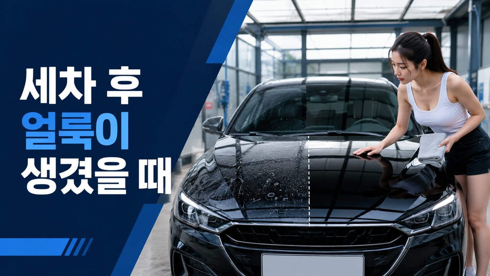 세차 후 얼룩이 자동차 도장면에 생긴 물때와 샴푸 잔사 및 버핑 얼룩을 확인하는 모습
