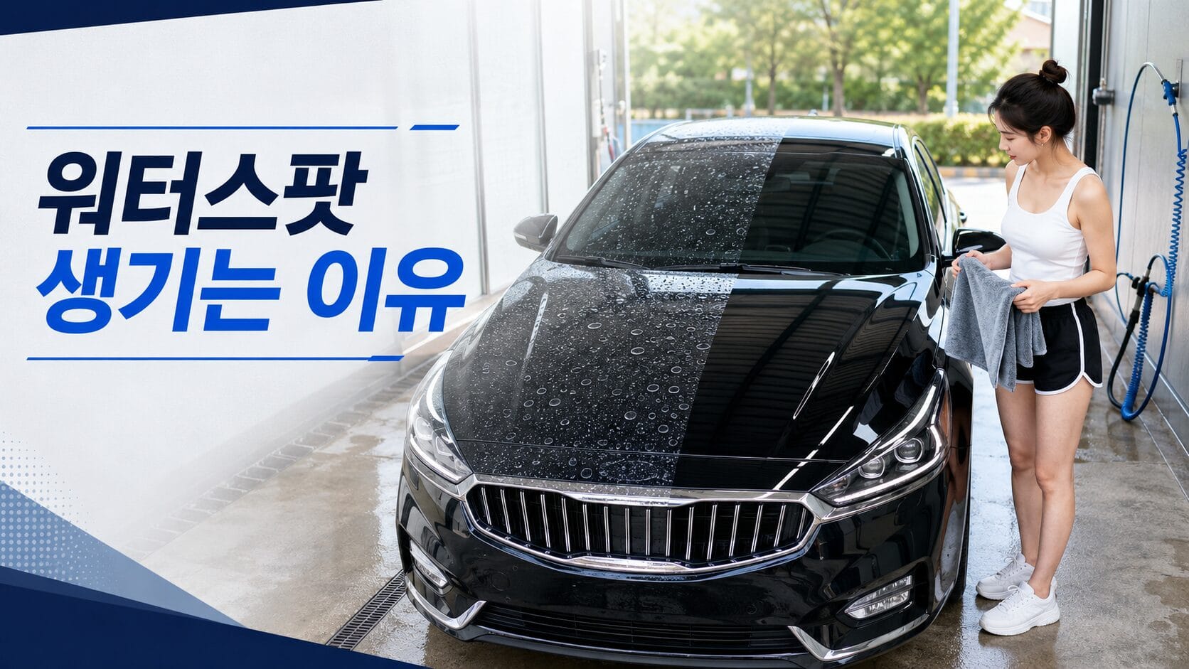 자동차 도장면에 둥근 워터스팟이 생기는 원인을 확인하는 모습