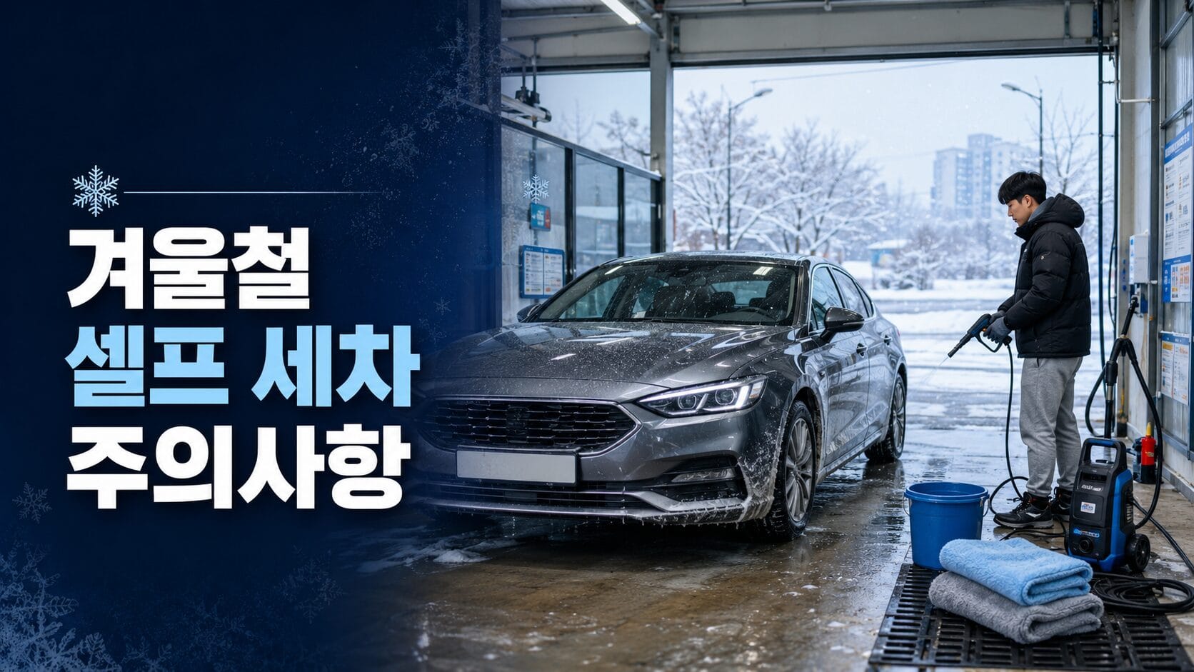 겨울철 셀프 세차 시 염화칼슘 제거와 동결 방지 방법을 설명하는 대표 이미지